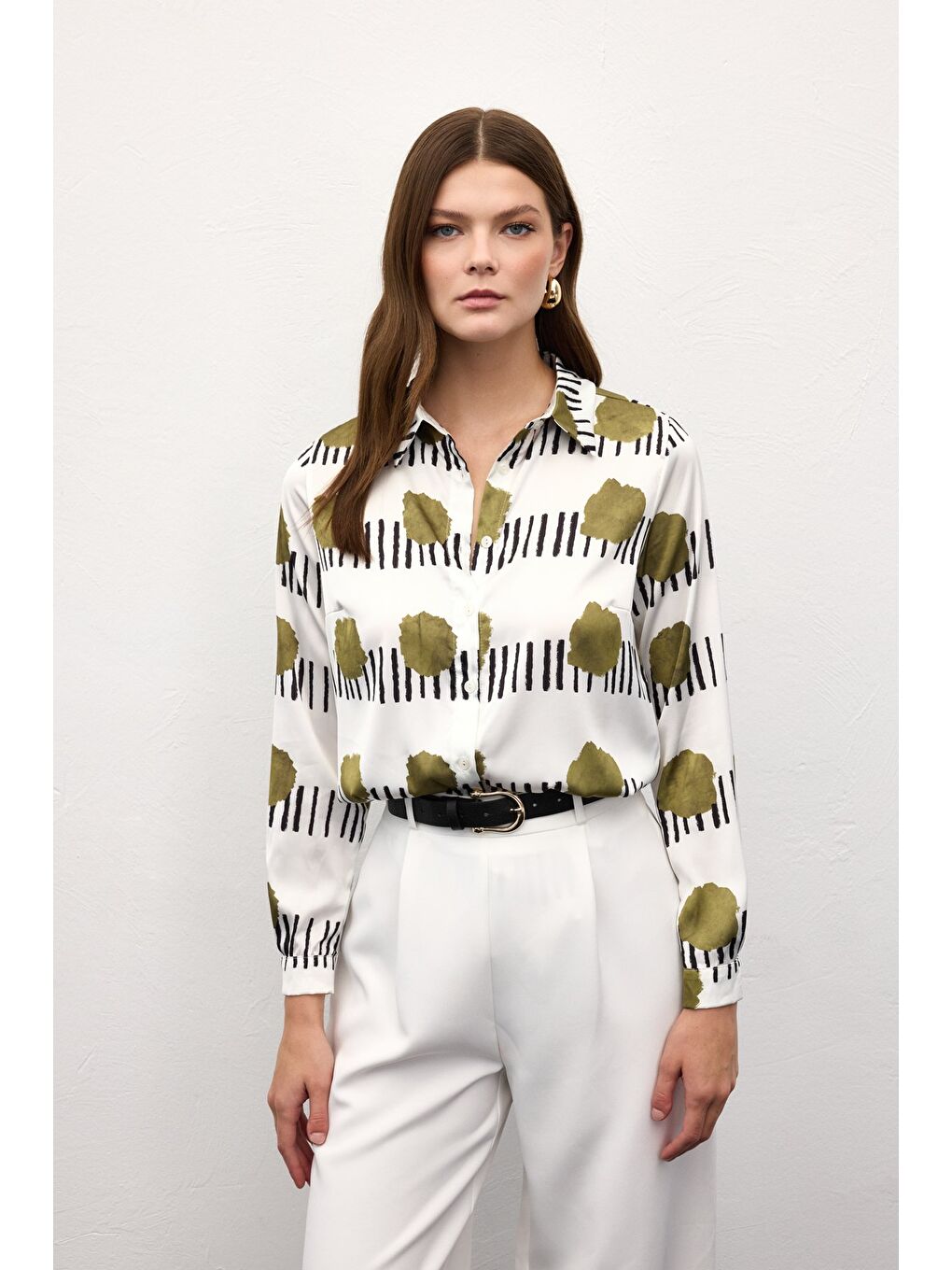 Desenli Klasik Gömlek - Haki-2