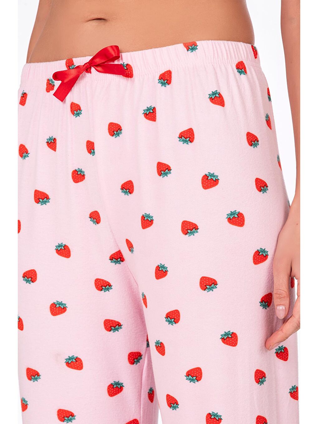 Pembe Kadın Süet Çilek Desenli Pijama Tek Alt-1