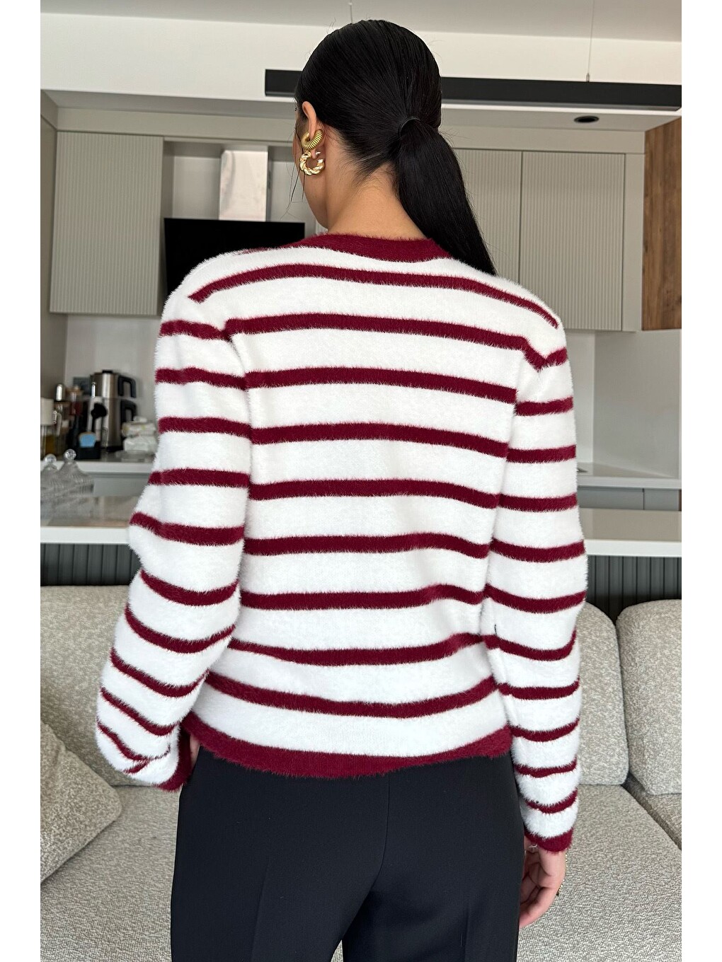 Bordo Kadın Çizgi Desenli Gold Düğmeli Yumoş Triko Ceket (s-m-l-xl Beden Uyumludur.)-4