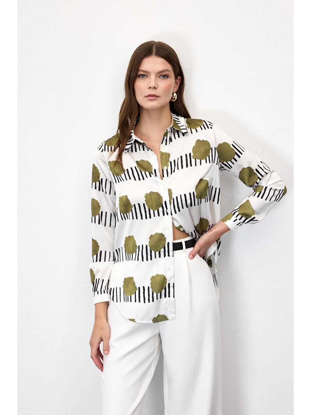 Desenli Klasik Gömlek - Haki-3