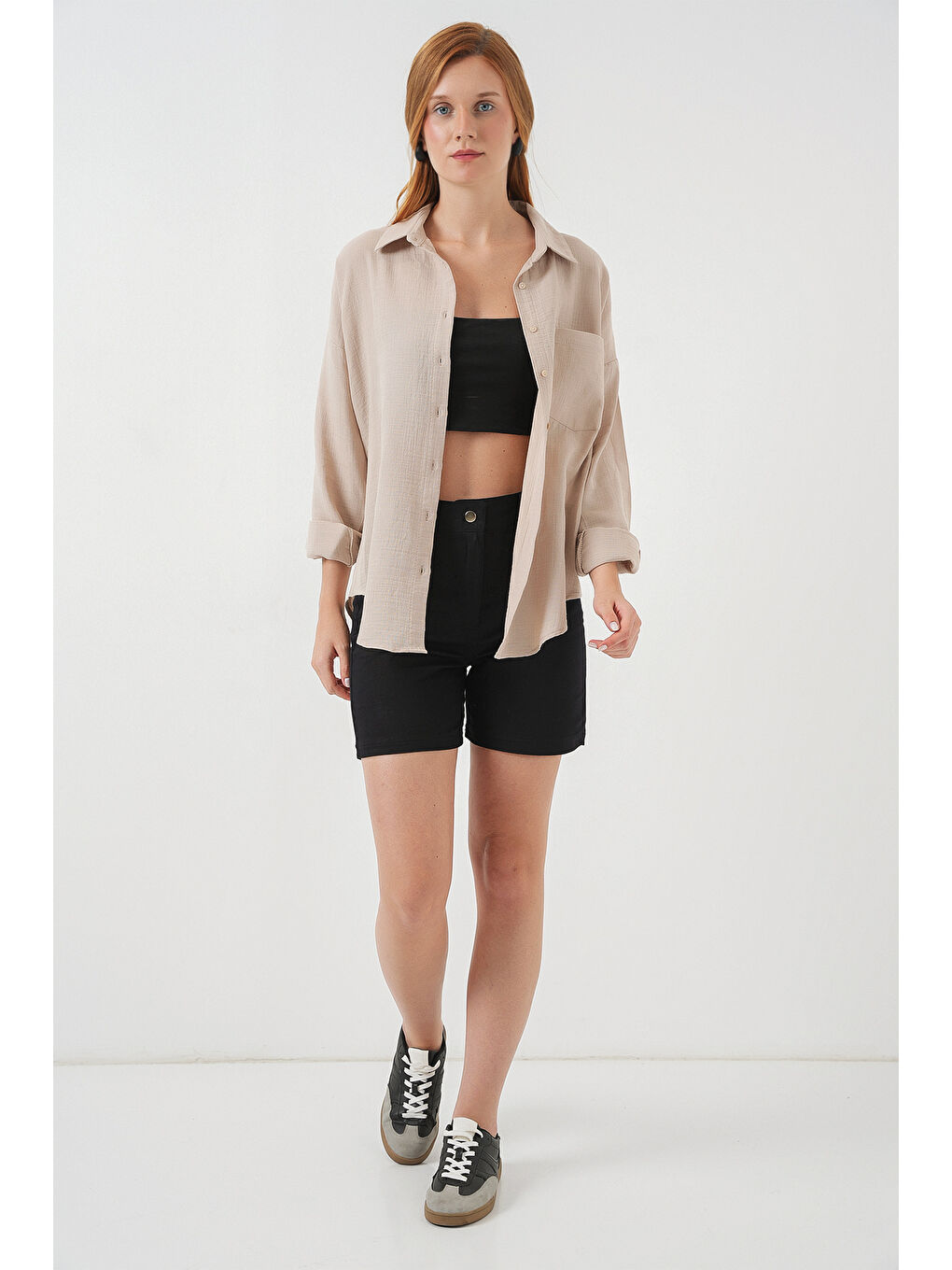 Kadın Tek Cepli Oversize Müslin Gömlek 20353 - Bej-1