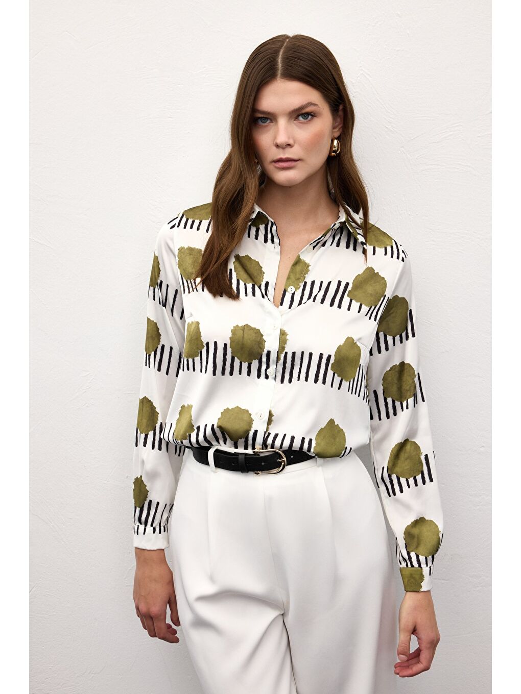 Desenli Klasik Gömlek - Haki-4