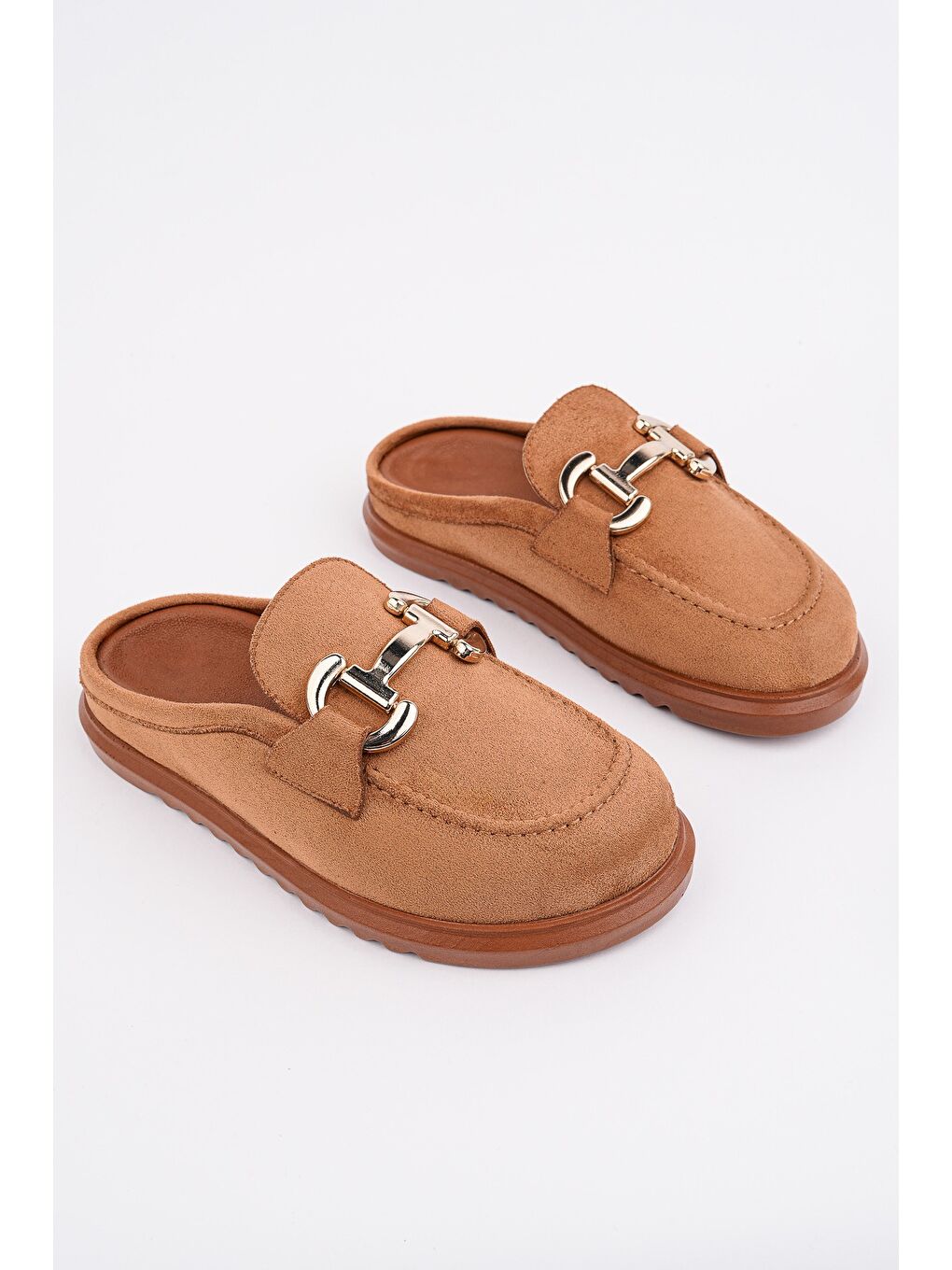 Kahverengi CARLEEN Süet Deri Gold Tokalı Günlük Rahat Önü Kapalı Kadın Loafer Terlik