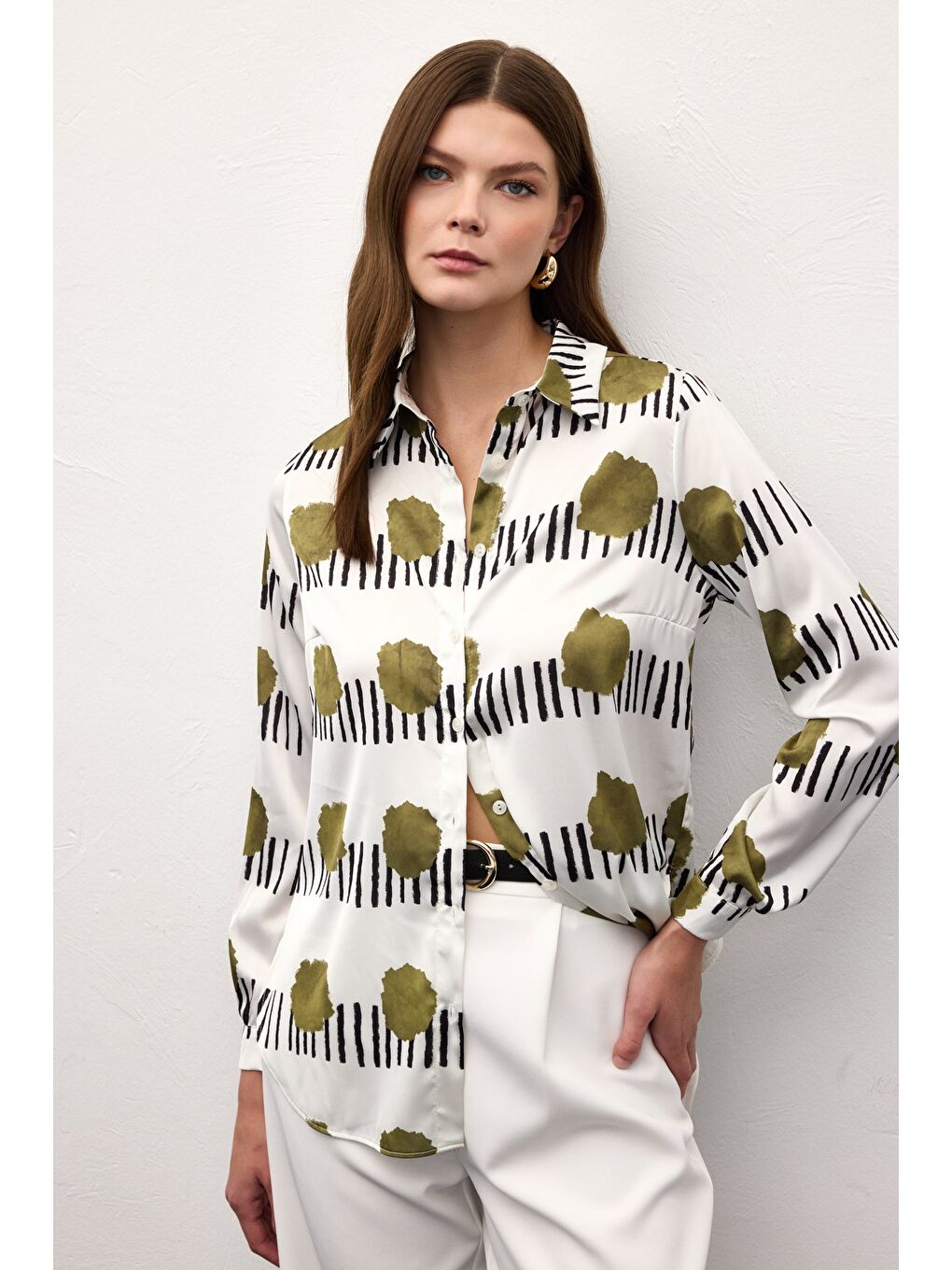 Desenli Klasik Gömlek - Haki-5