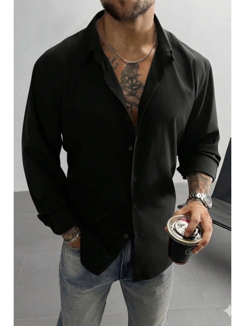 Siyah Keten Görünümlü Yarım Oversize Uzun kollu Erkek Gömlek