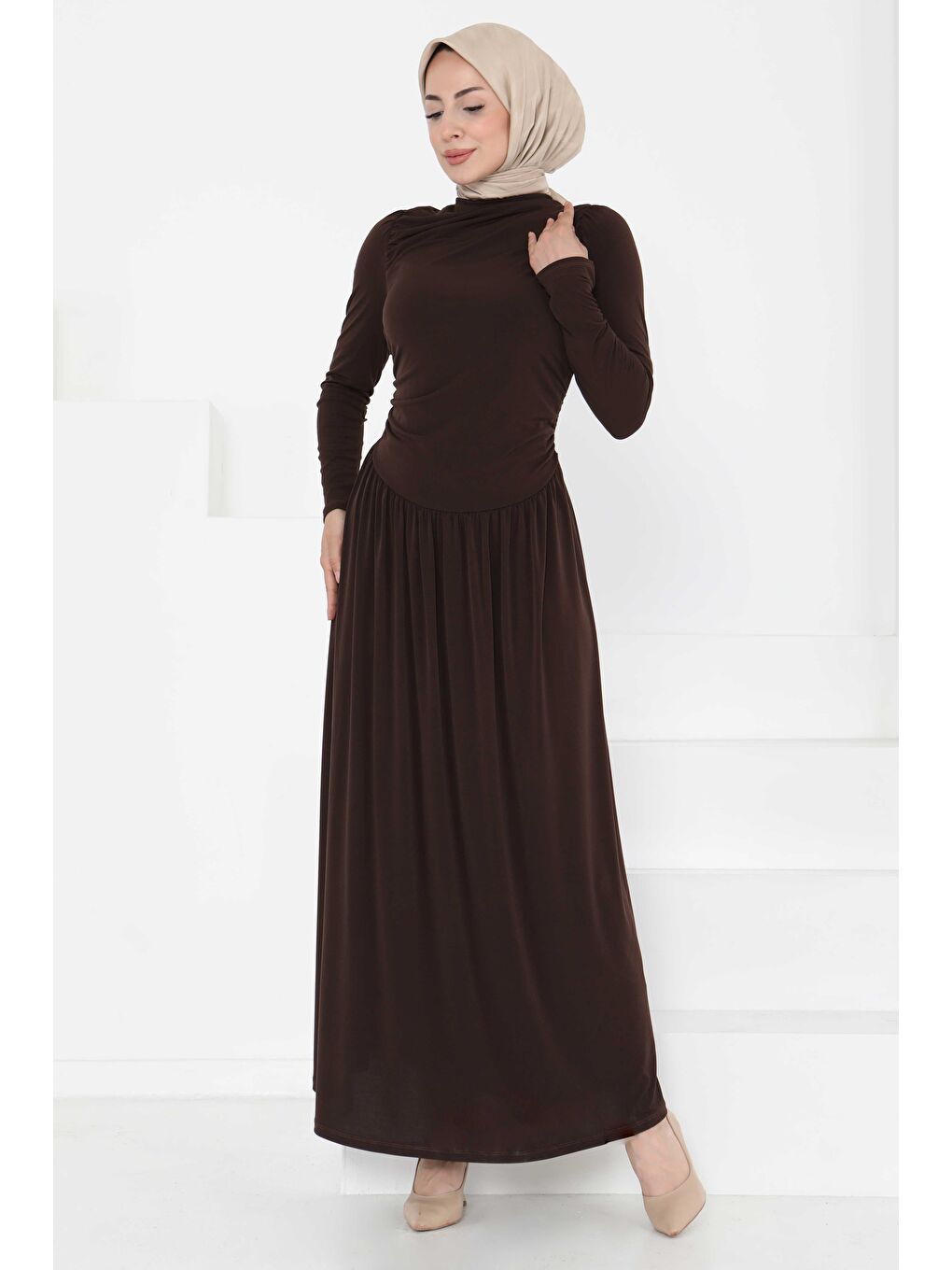 Kahverengi Büzgülü Elbise Kahve - 27254-2