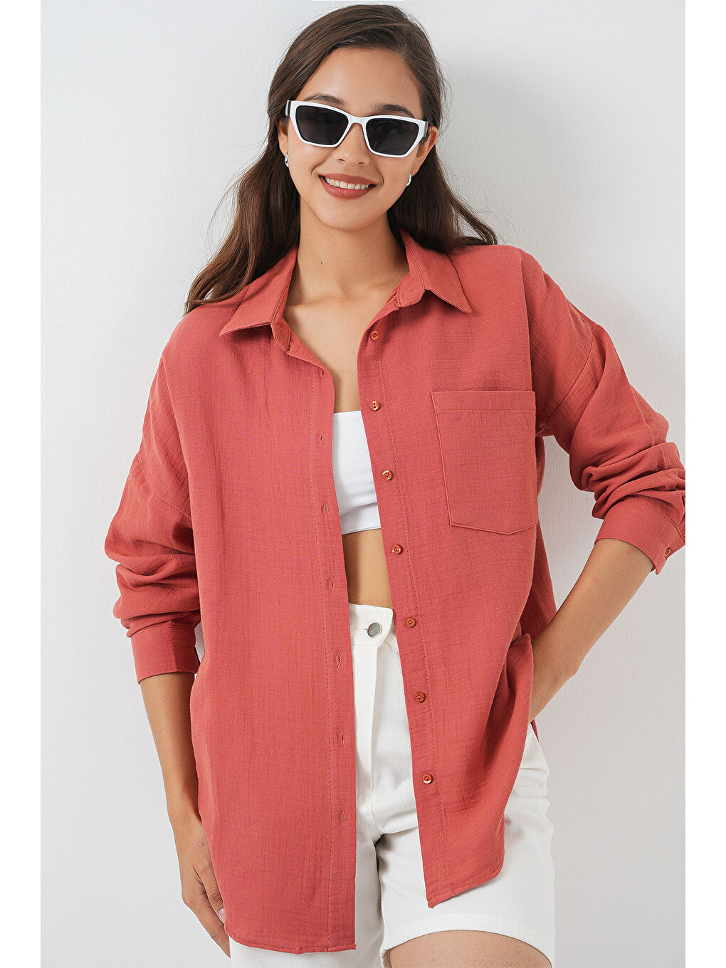 Pembe Kadın Tek Cepli Oversize Müslin Gömlek 20353 - Somon