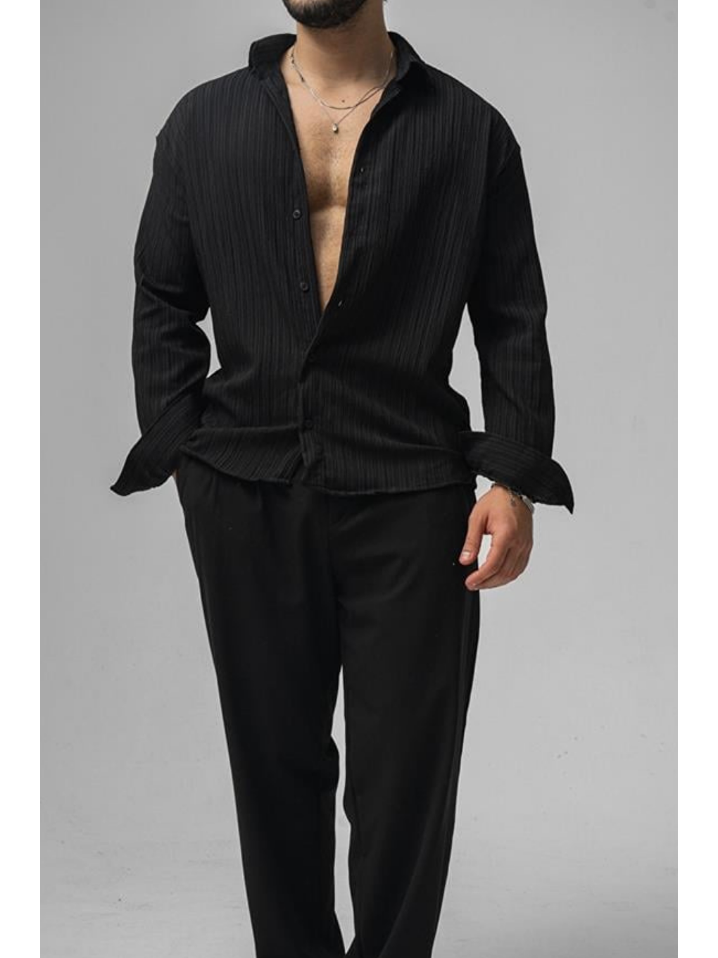 Erkek Siyah  Oversize Gömlek-3