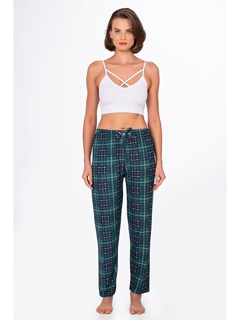 Yeşil Kadın Süet Kareli Pijama Tek Alt