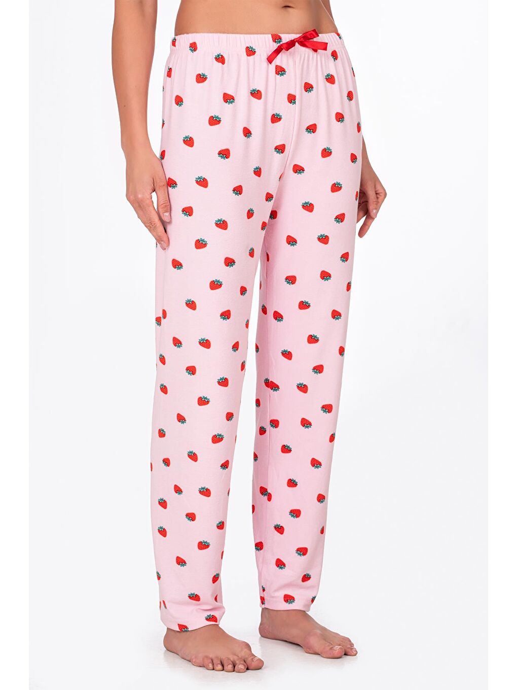 Pembe Kadın Süet Çilek Desenli Pijama Tek Alt-3