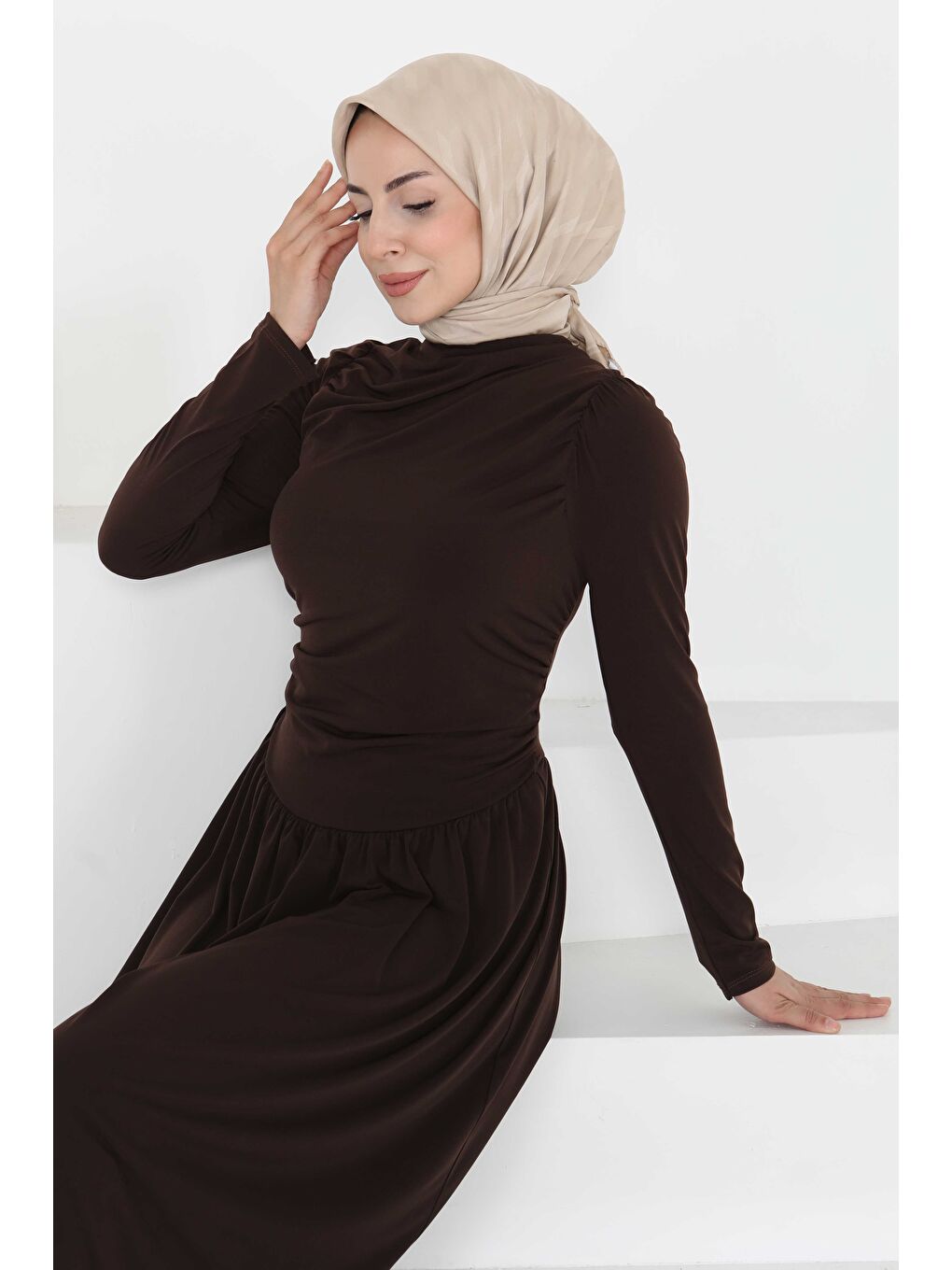 Kahverengi Büzgülü Elbise Kahve - 27254-3