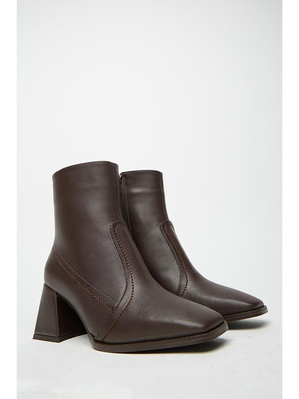 Kadın Kahverengi Küt Burun Topuklu Bot & Bootie – Fermuarlı Günlük-5
