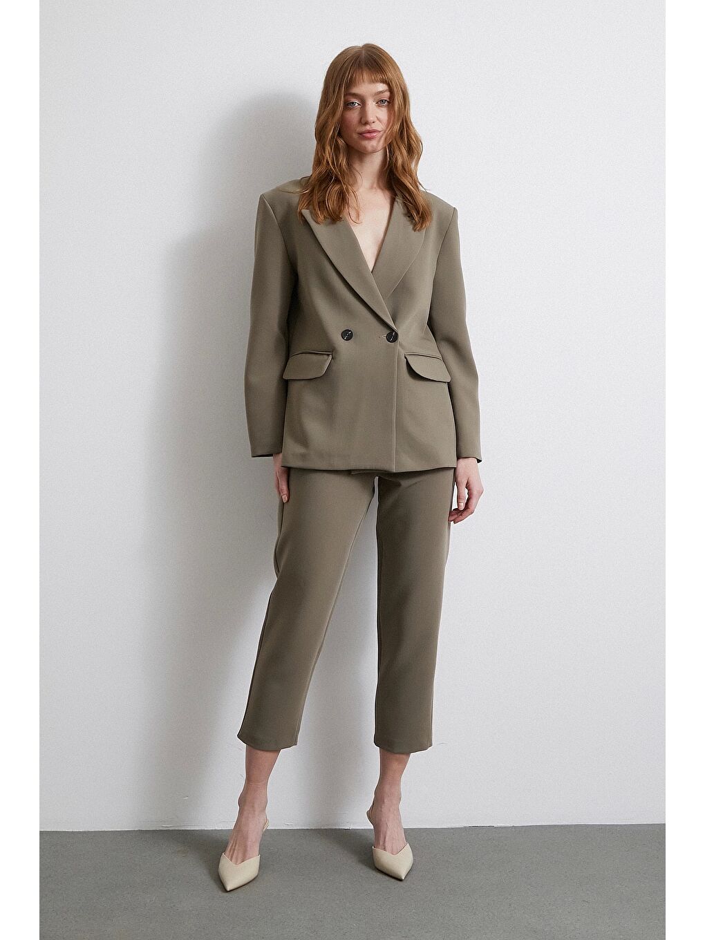 Önü Pensli Skinny Kumaş Pantolon Haki