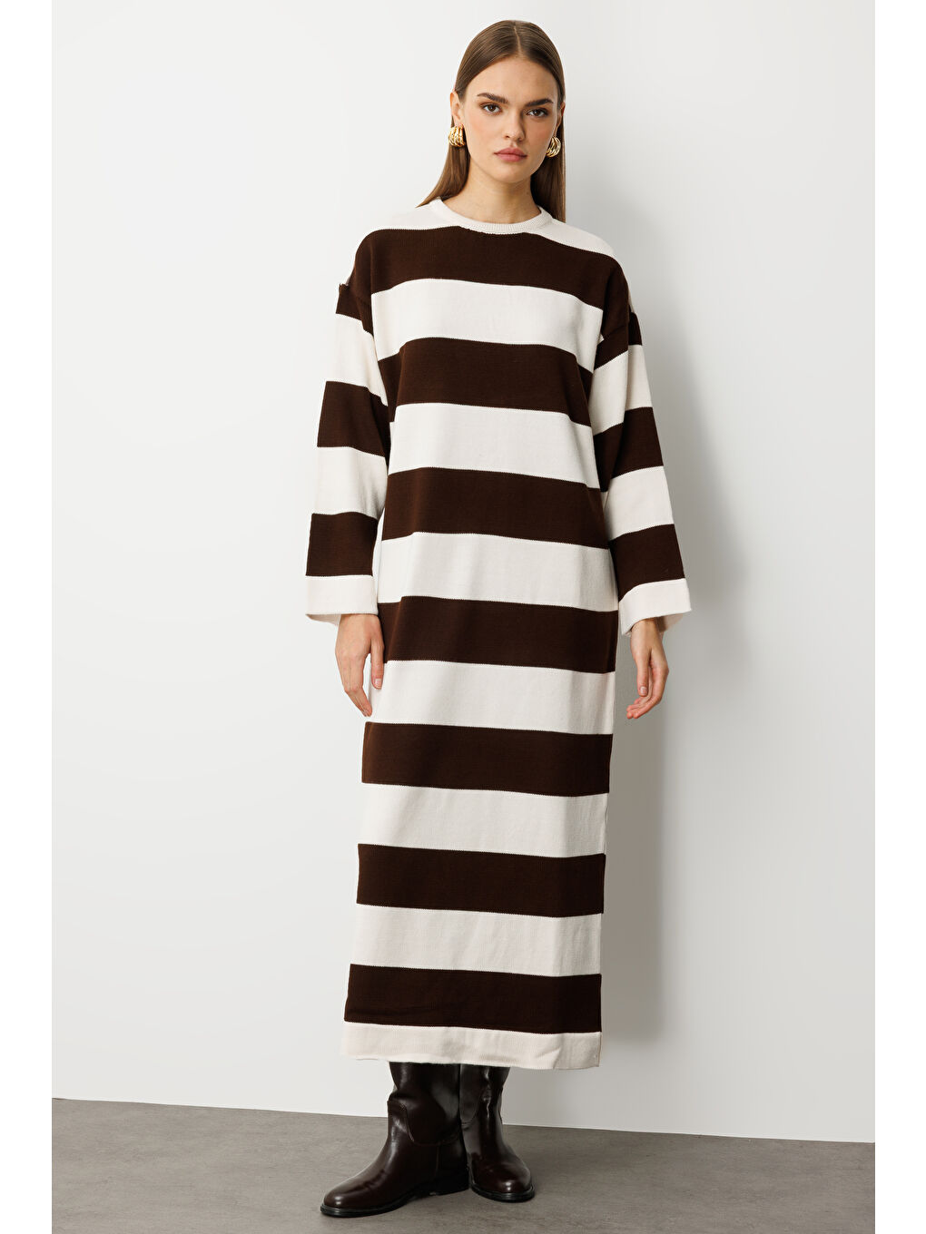 Oversize Ekru Kahverengi Çizgili Uzun Kalın Triko El-4