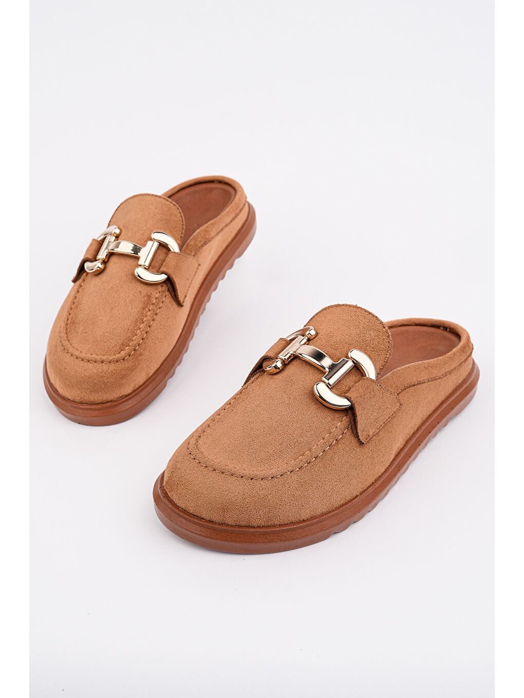 Kahverengi CARLEEN Süet Deri Gold Tokalı Günlük Rahat Önü Kapalı Kadın Loafer Terlik-1