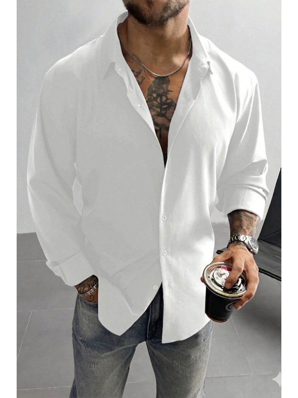 Beyaz Keten Görünümlü Yarım Oversize Uzun kollu Erkek Gömlek