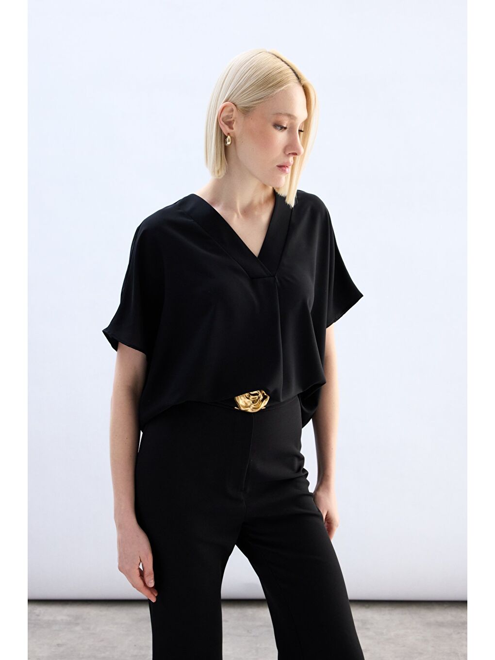 Geniş Kısa Kollu Bluz - Siyah-2