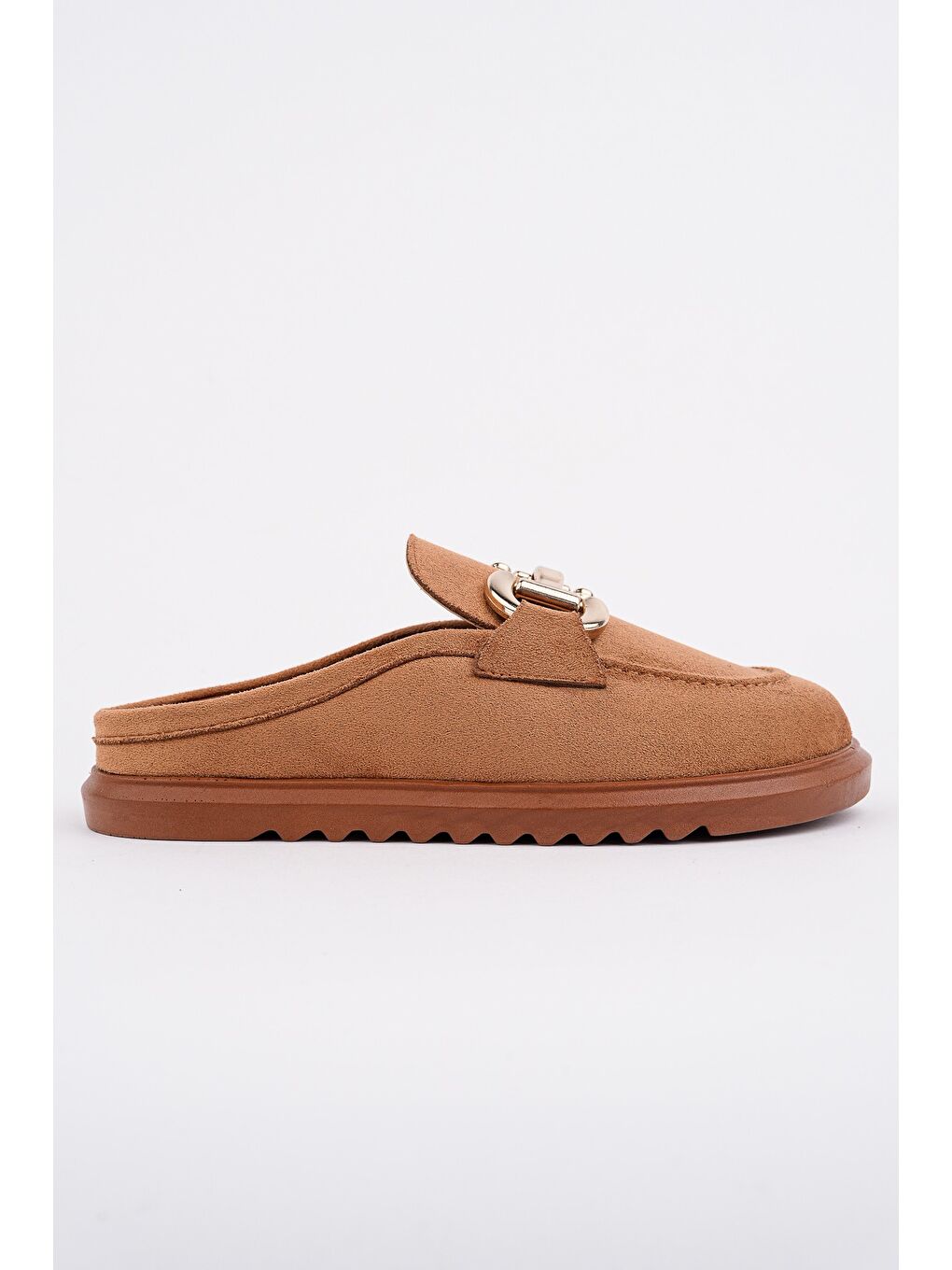 Kahverengi CARLEEN Süet Deri Gold Tokalı Günlük Rahat Önü Kapalı Kadın Loafer Terlik-2