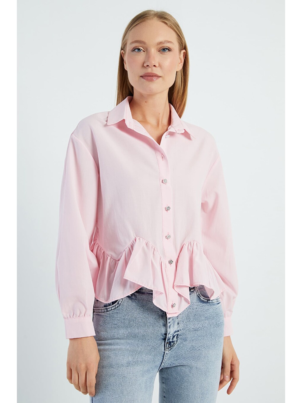 Pembe Eteği Fırfırlı Salaş Gömlek-1
