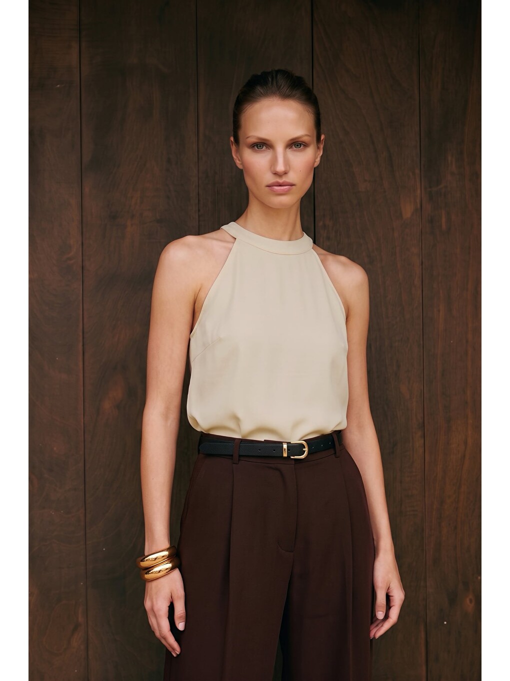 Halter Yaka Bluz - Bej-1
