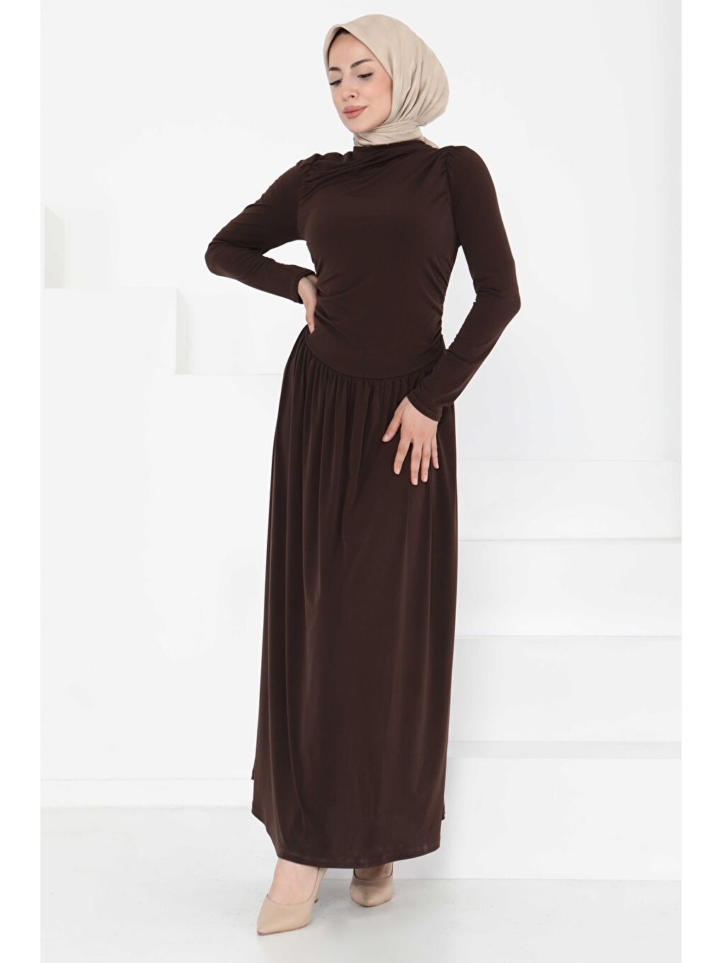 Kahverengi Büzgülü Elbise Kahve - 27254-6