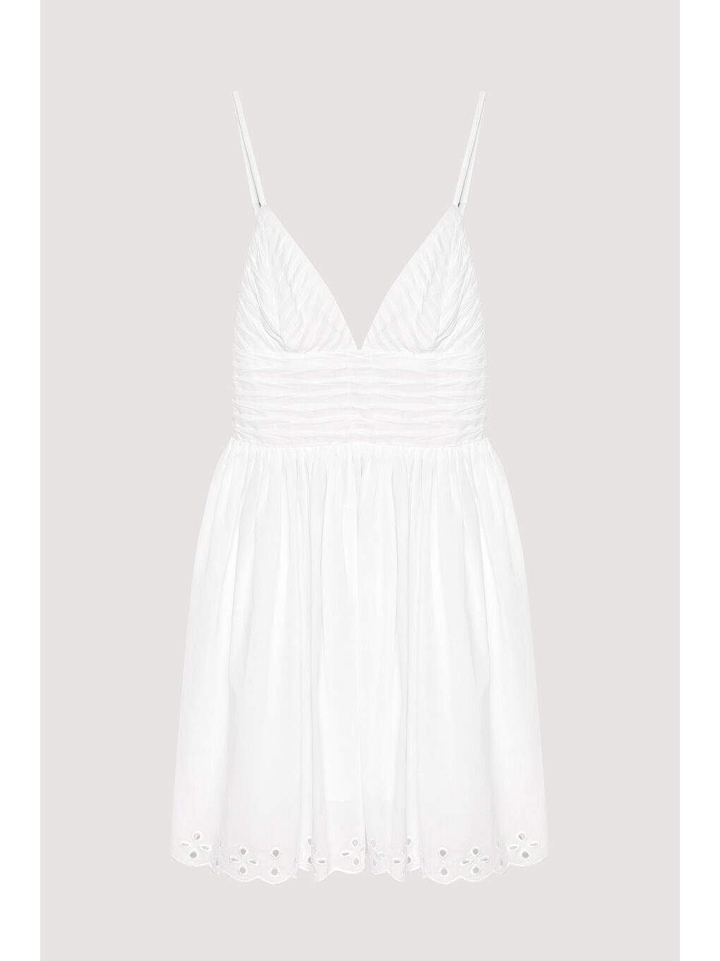 Kırışık Dokulu Brode Detaylı Askılı Mini Elbise Beyaz