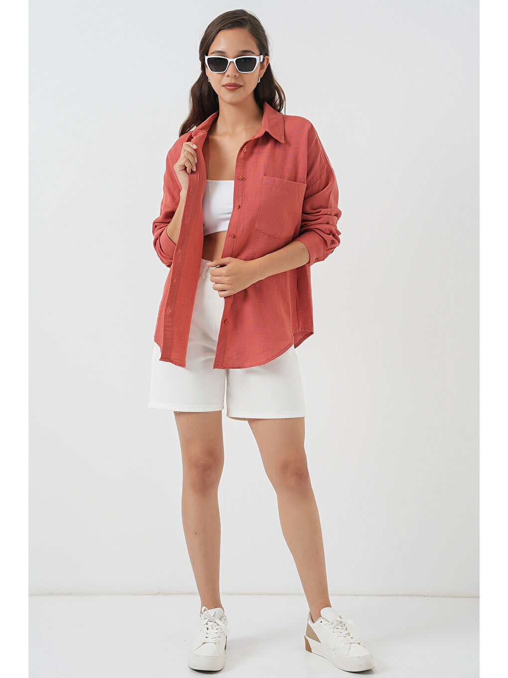 Pembe Kadın Tek Cepli Oversize Müslin Gömlek 20353 - Somon-1