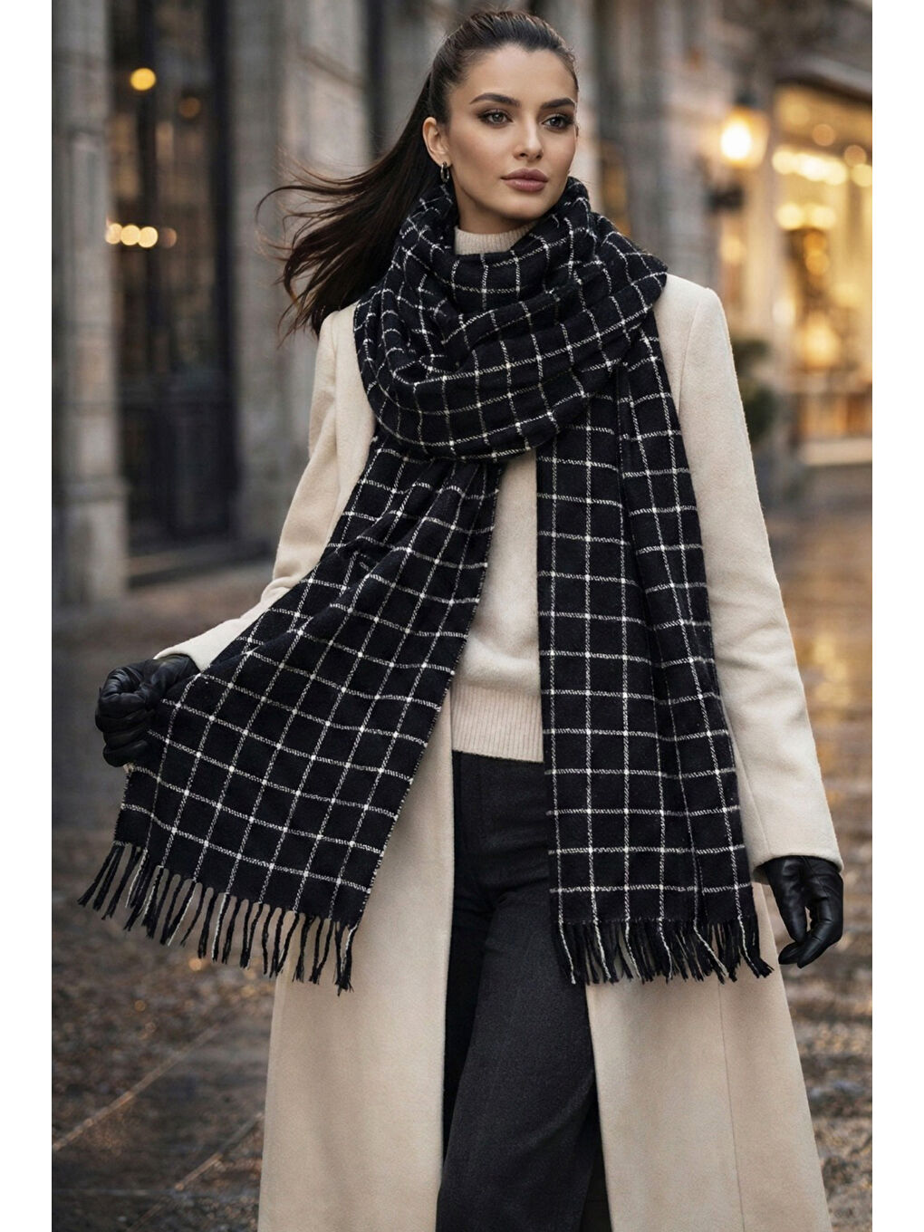 Kare Desenli Atkı Omuz Şalı 70X180 cm 1207 Siyah