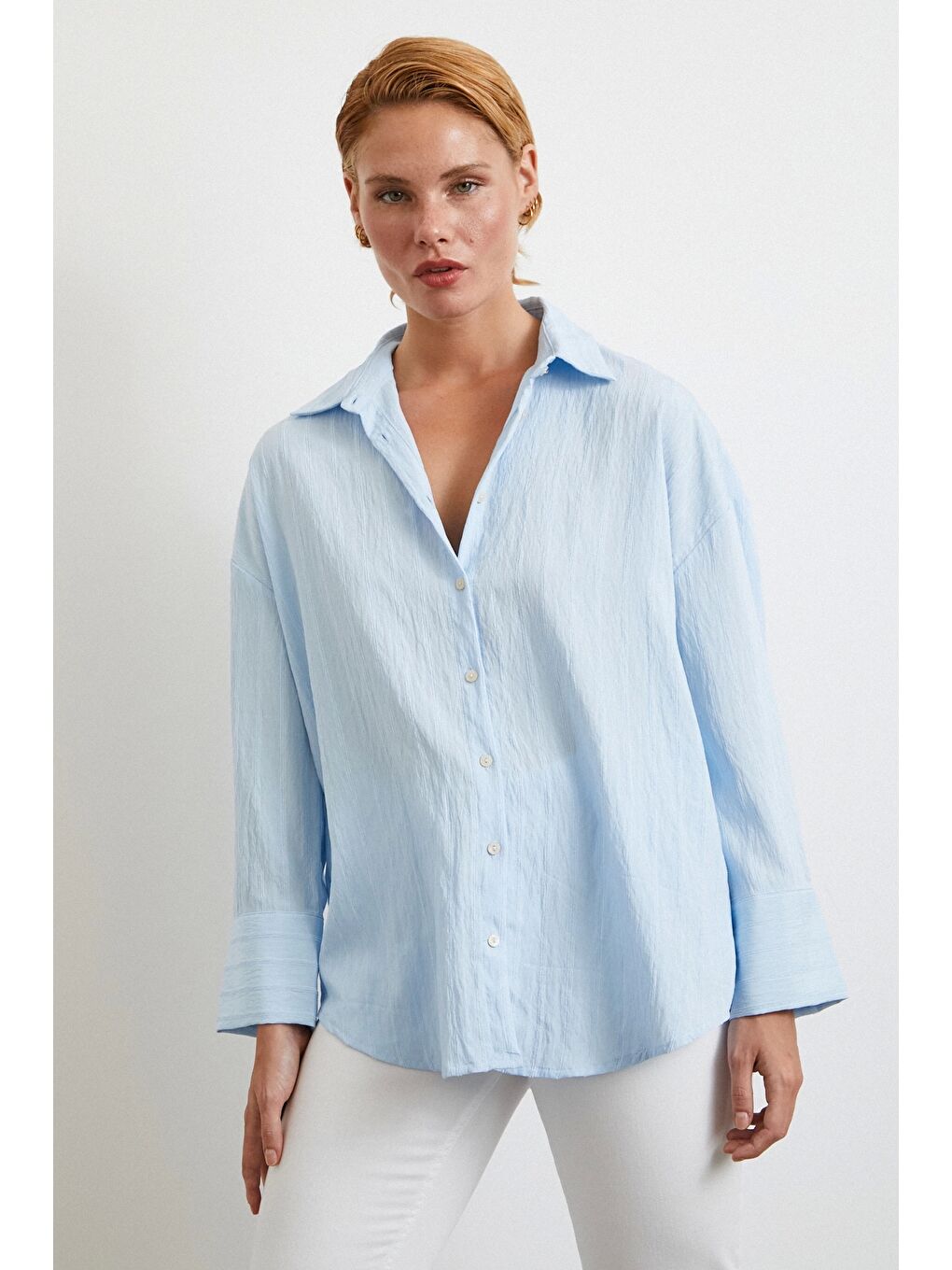 Kabartma Çizgili Oversize Gömlek Mavi