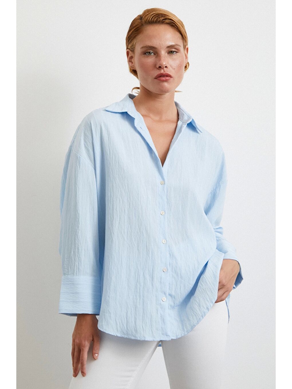 Kabartma Çizgili Oversize Gömlek Mavi-1