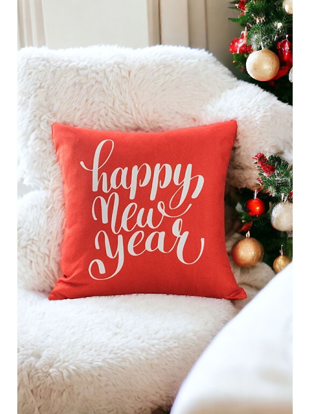 Mürdüm Yılbaşı Temalı "happy new year" Beyaz Yazı Baskılı Kırlent Kılıfı - Kırmızı 43x43