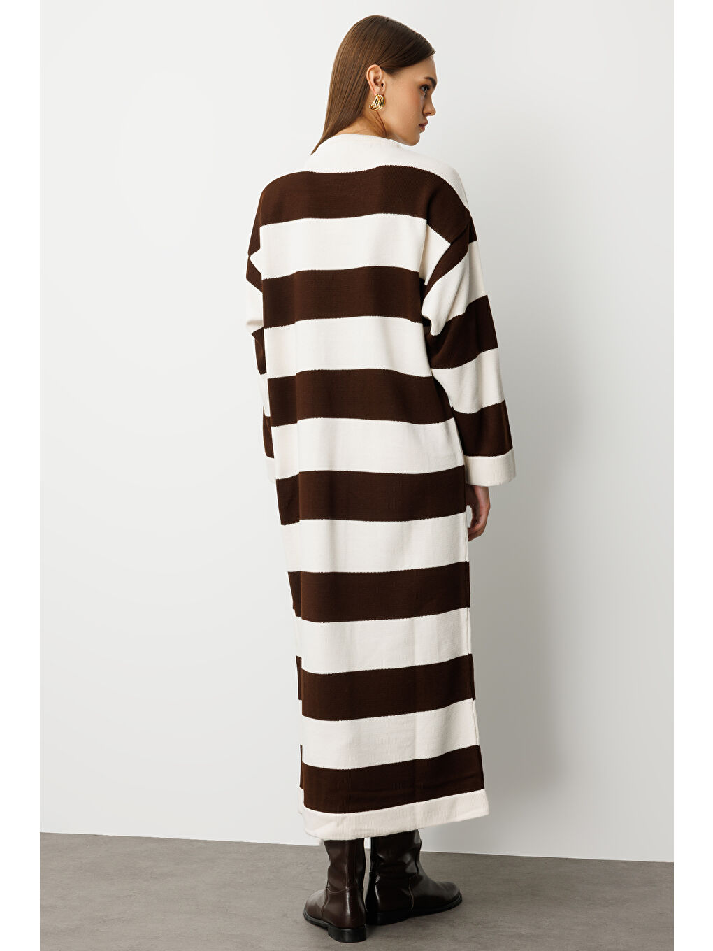 Oversize Ekru Kahverengi Çizgili Uzun Kalın Triko El-5