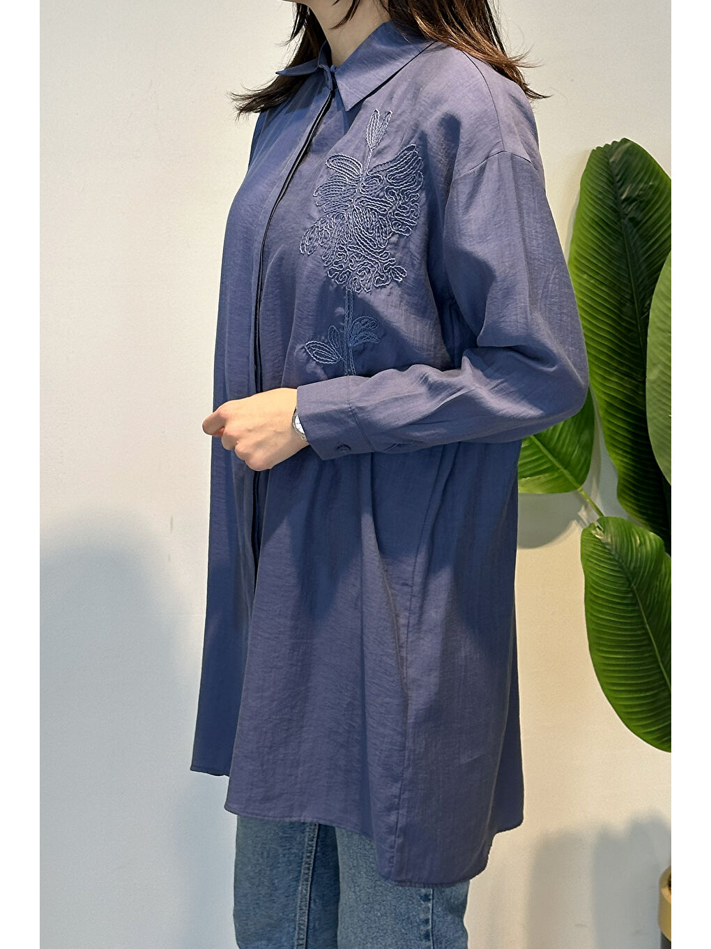 Nakış İşlemeli Oversize Gömlek Tunik 4471 İndigo-1