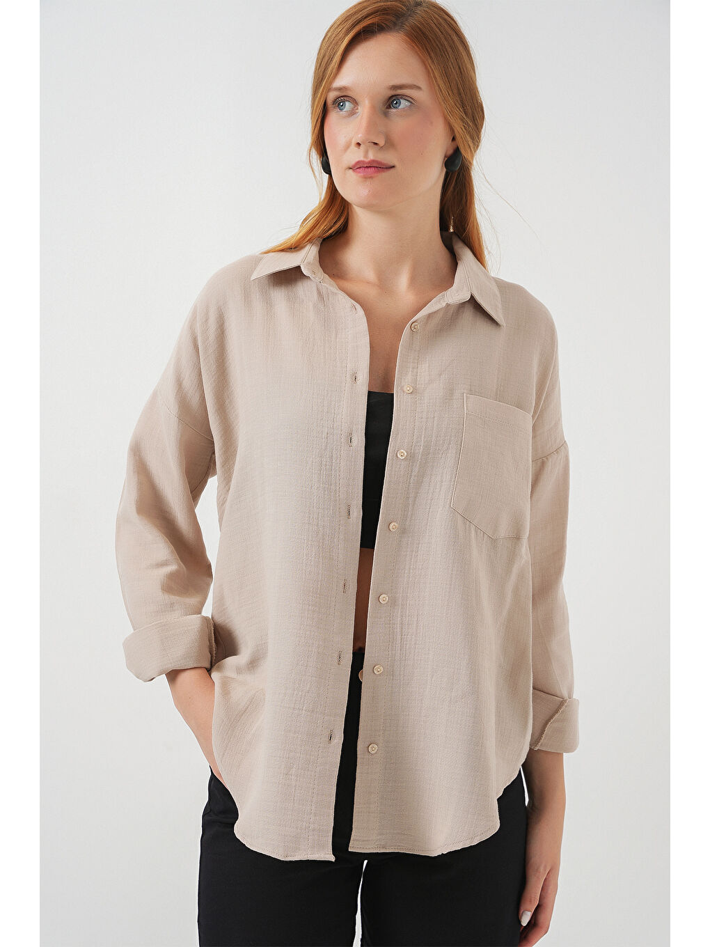 Kadın Tek Cepli Oversize Müslin Gömlek 20353 - Bej-3