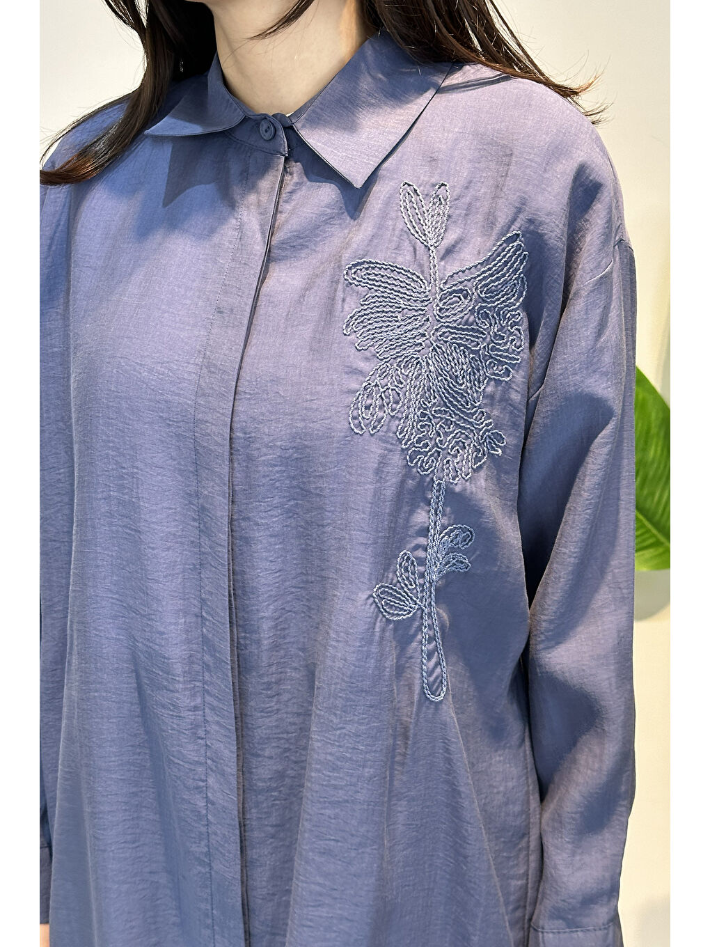 Nakış İşlemeli Oversize Gömlek Tunik 4471 İndigo-2
