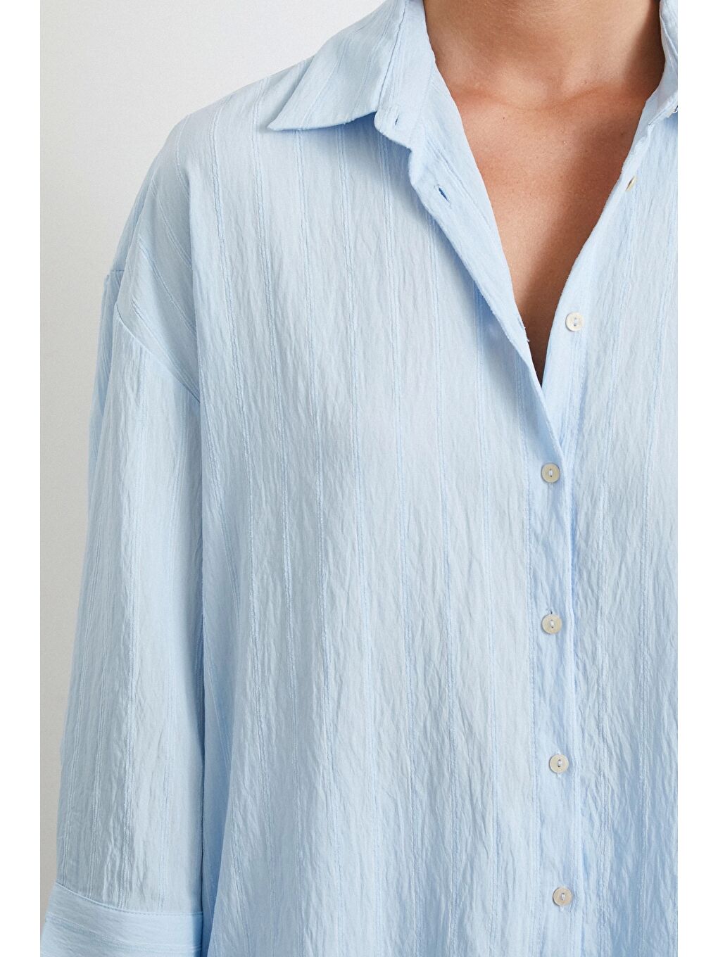 Kabartma Çizgili Oversize Gömlek Mavi-3