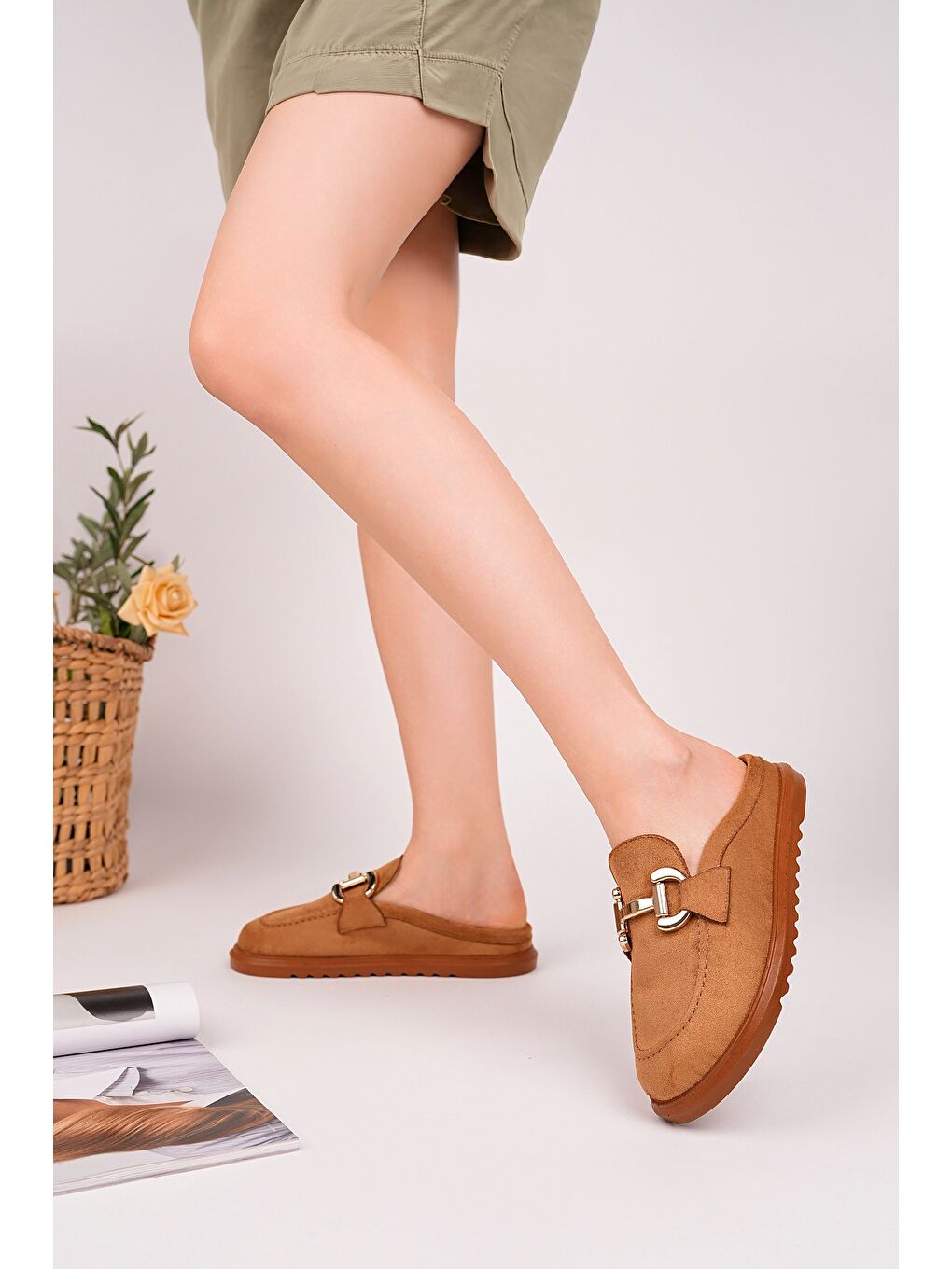 Kahverengi CARLEEN Süet Deri Gold Tokalı Günlük Rahat Önü Kapalı Kadın Loafer Terlik-4