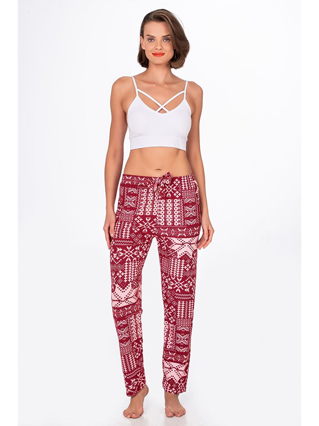 Bordo Kadın Süet Kış Desenli Pijama Tek Alt