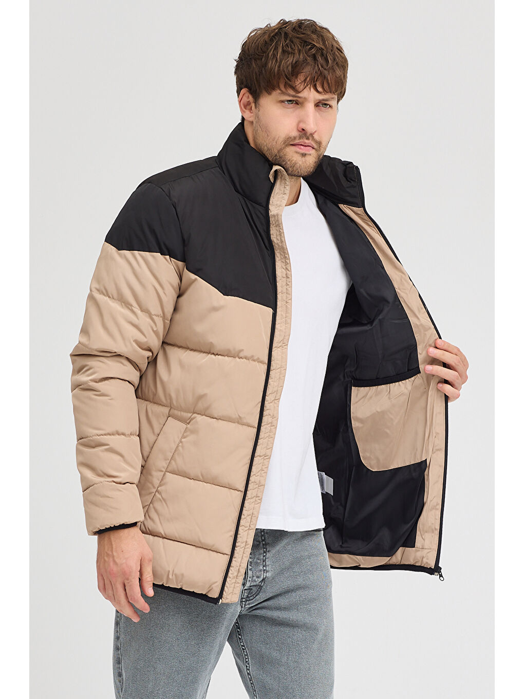 Bej Erkek İki Renkli Şişme Mont 4590-4