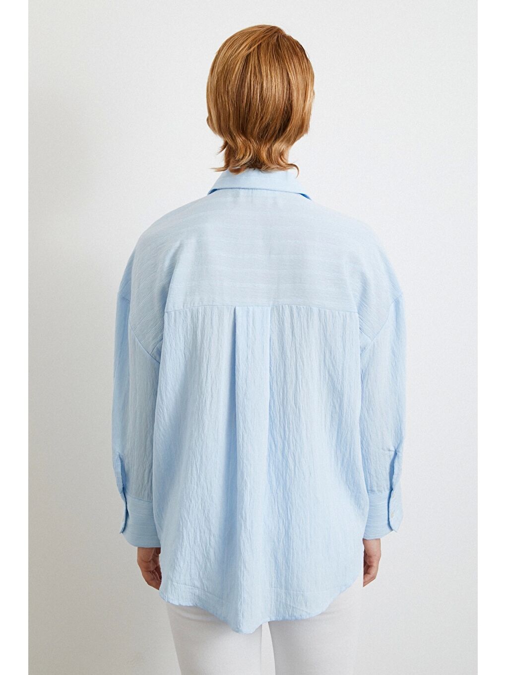 Kabartma Çizgili Oversize Gömlek Mavi-4