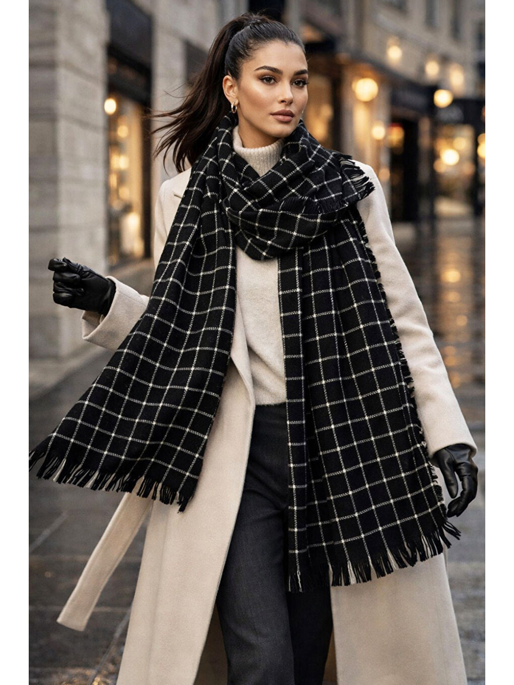 Kare Desenli Atkı Omuz Şalı 70X180 cm 1207 Siyah-1