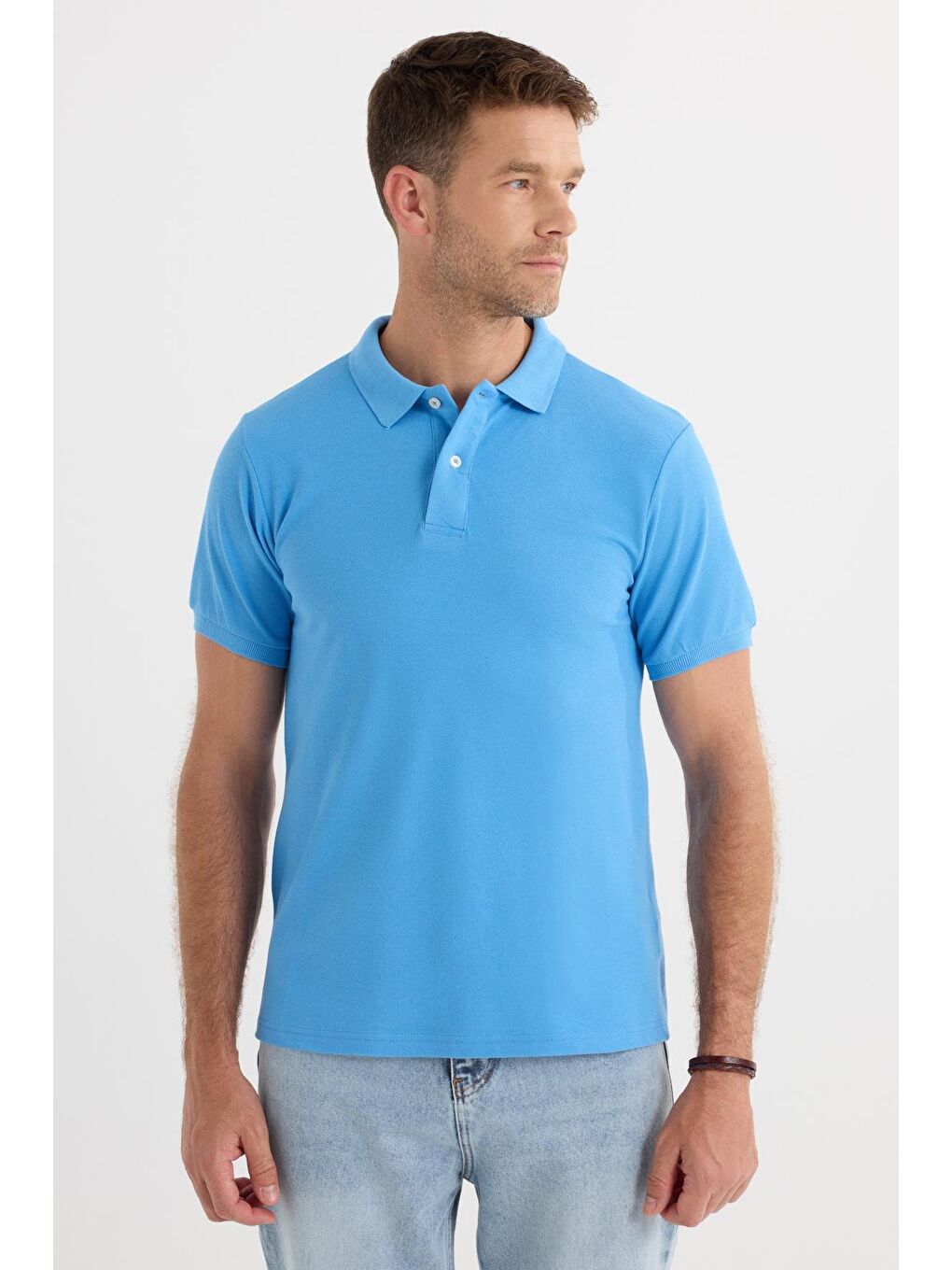 Erkek Slim Fit Dar Kesim Pamuklu Yumuşak Dokulu Serin Tutan Kumaş Düz Pike Mavi Polo Yaka Tişört-3