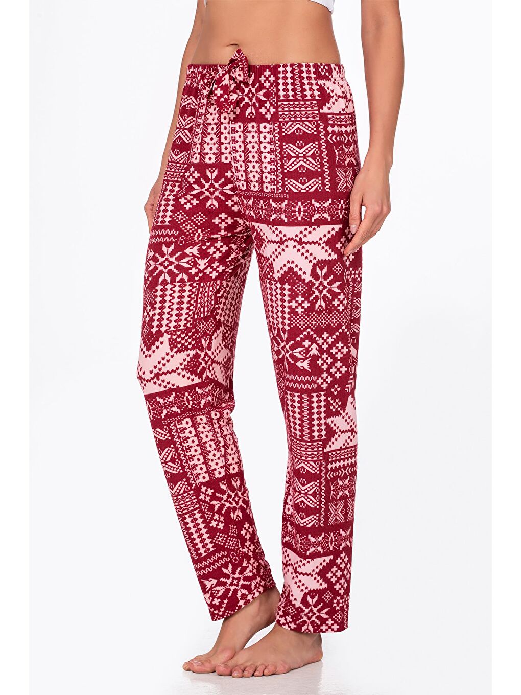 Bordo Kadın Süet Kış Desenli Pijama Tek Alt-3