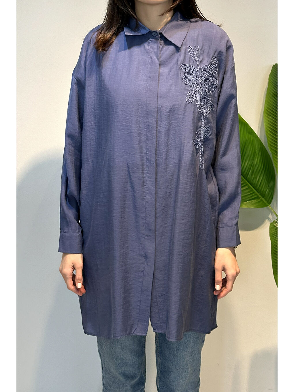 Nakış İşlemeli Oversize Gömlek Tunik 4471 İndigo-4