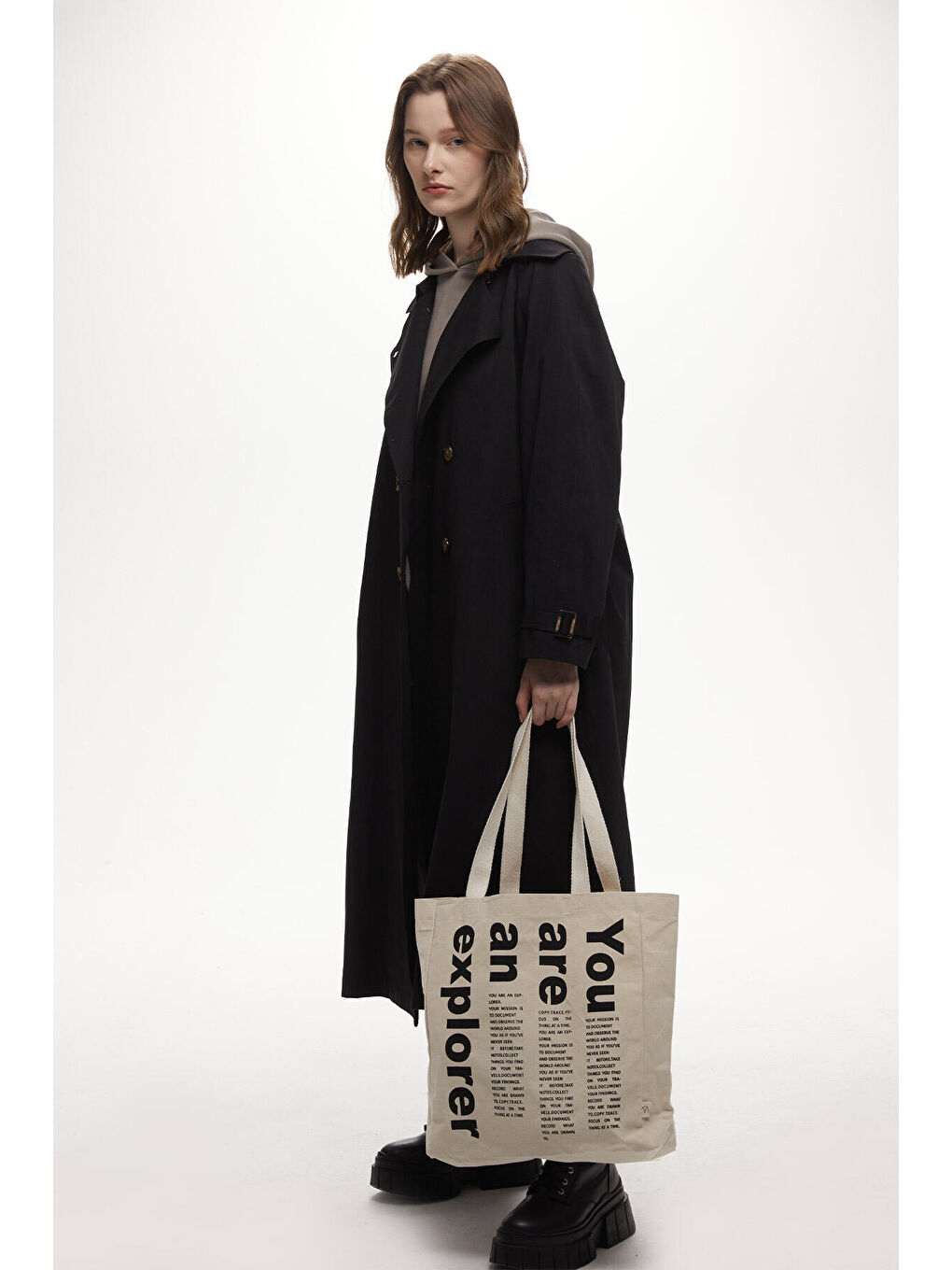 Ekru Baskılı Körüklü Bez Çanta Explorer