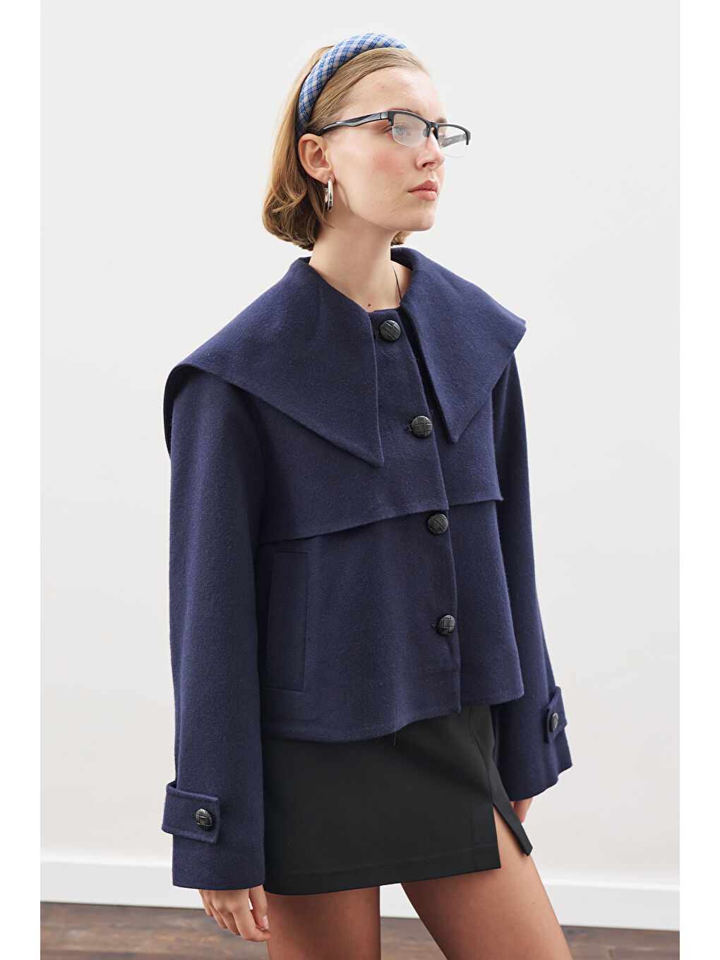 Düğme Detaylı Kaşe Ceket Lacivert-2
