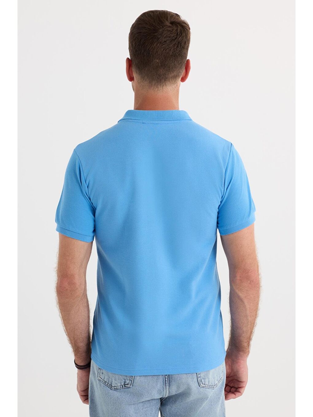 Erkek Slim Fit Dar Kesim Pamuklu Yumuşak Dokulu Serin Tutan Kumaş Düz Pike Mavi Polo Yaka Tişört-6