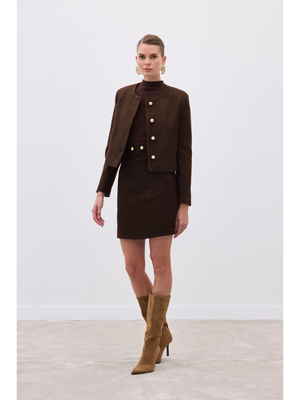 Kahverengi Düğme Detaylı Mini Tüvit Etek - Kahve