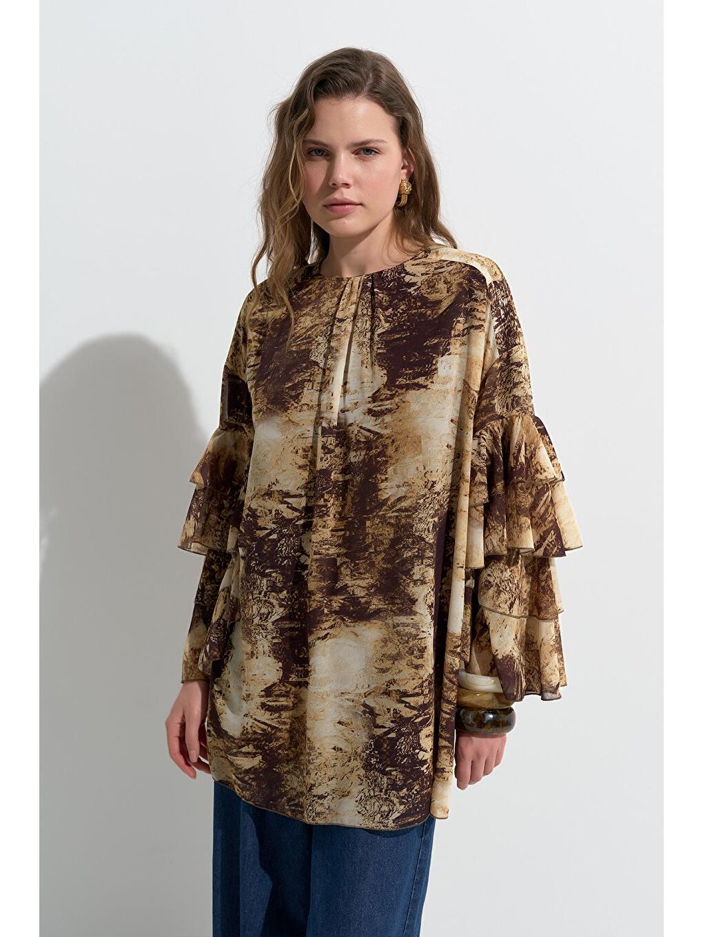 Kahverengi Kalia Desenli Tunik Kahve