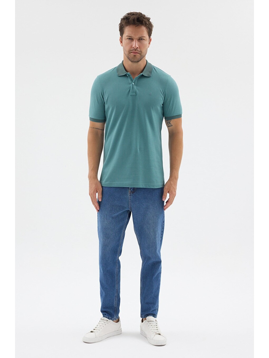 Yeşil Polo Yaka Pike Kısa Kol Slim Fit %100 Pamuk Tişört 1011260171-1